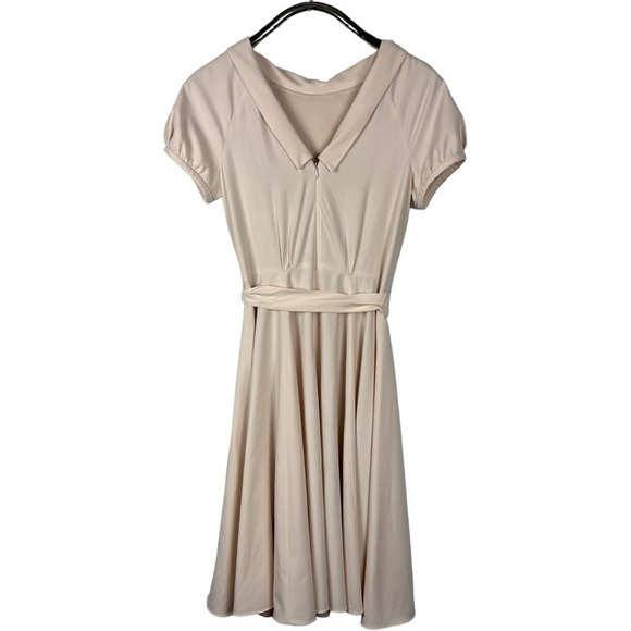 GAL MEETS GLAM ELEANOR PUFF SLEEVE TIE WAIST CREAM SATIN TWILL DRESS - Picture 4 of 16